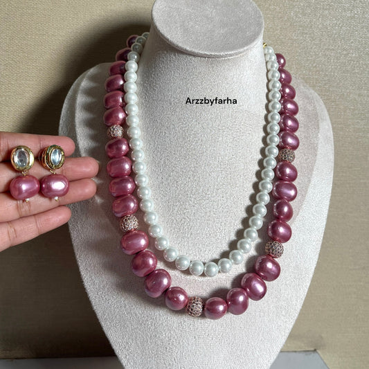 Onion Pink & White 2 Layered Necklace Set