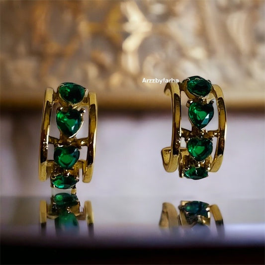 Green Heart Gold Hoops Earring