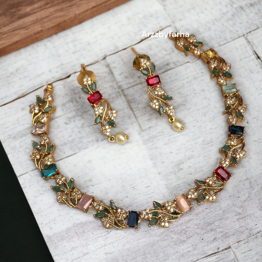 Multicolor Stone Leaf Necklace Set