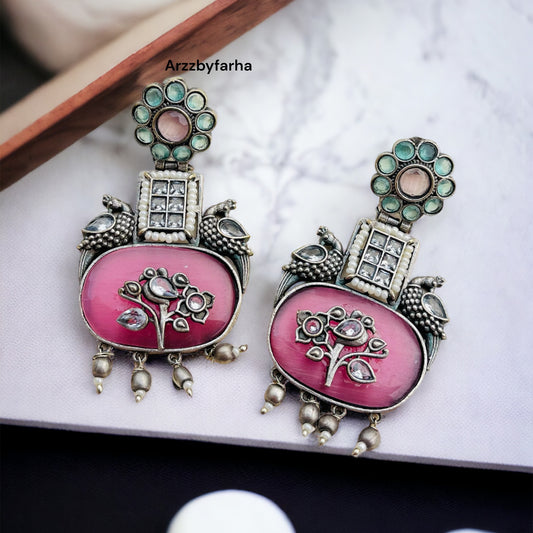 Pink & Mint Peacock Earrings