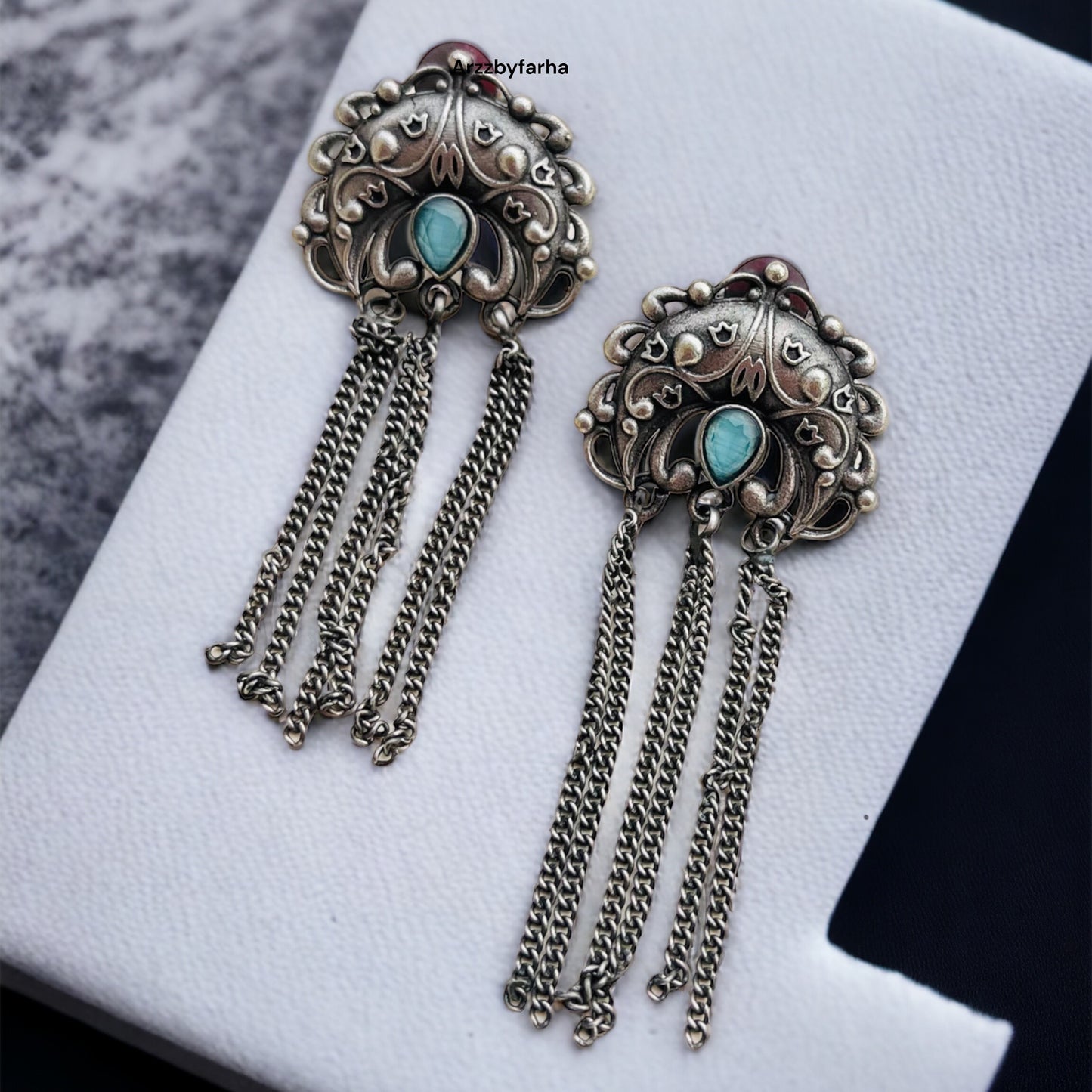 Sky Blue Stone Silver Chain Earrings