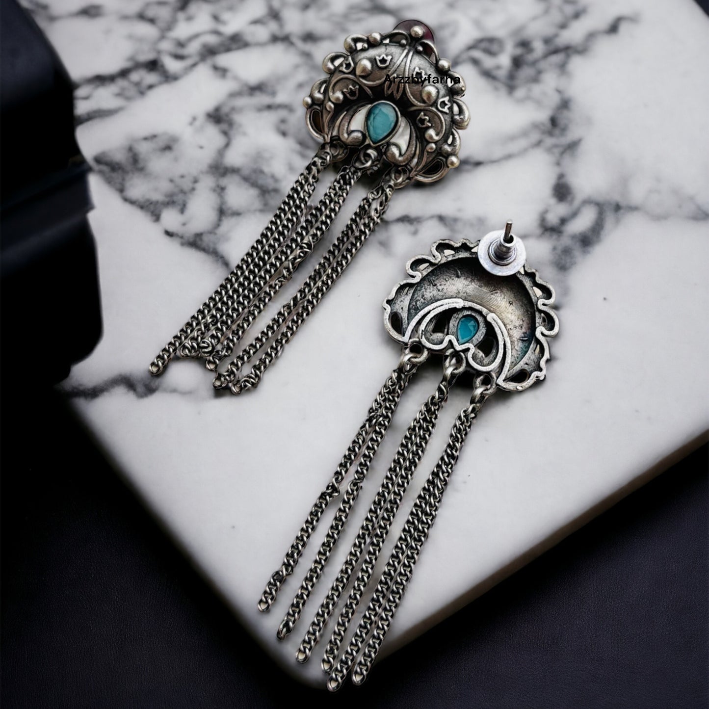 Sky Blue Stone Silver Chain Earrings