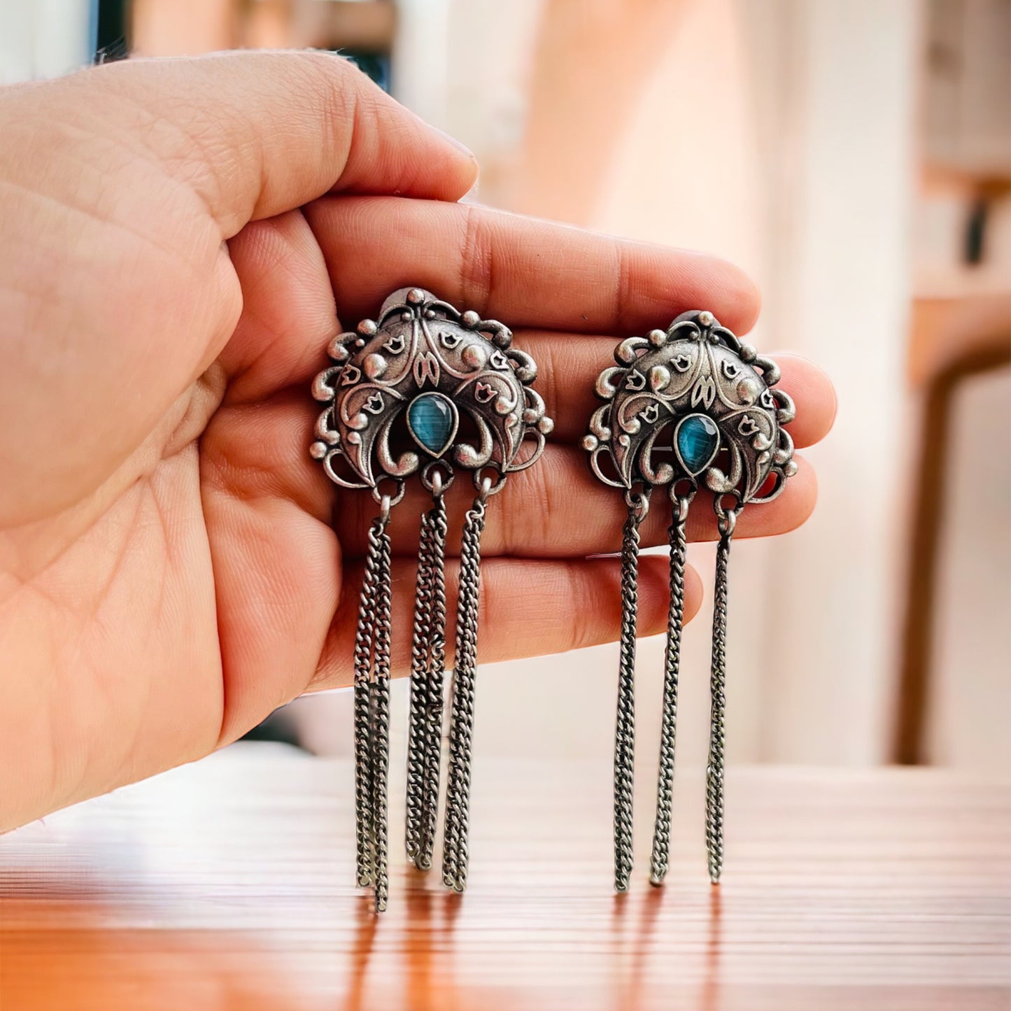 Sky Blue Stone Silver Chain Earrings
