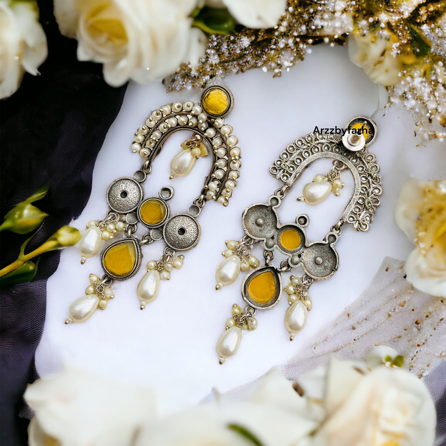 Silver Yellow Pearl Earrings