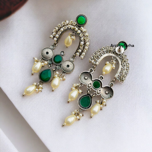Silver Green Pearl Earrings