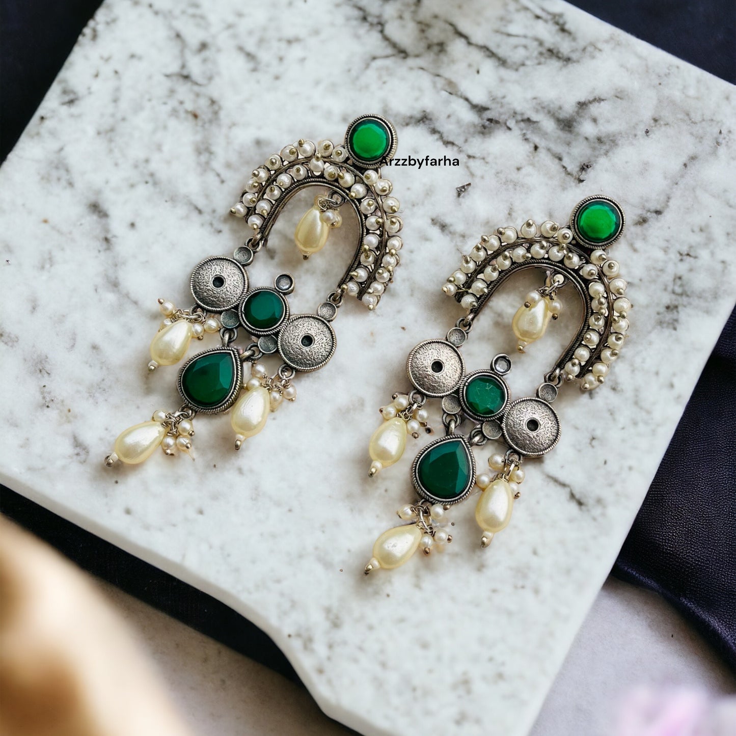 Silver Green Pearl Earrings