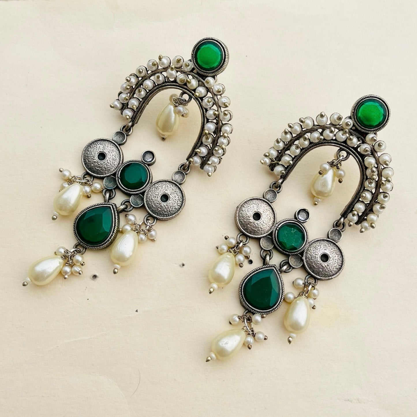 Silver Green Pearl Earrings