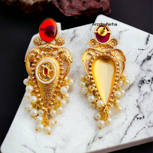 Red Stone Gold Brass Earrings