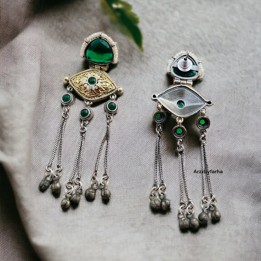 Green Dual Tone Hanging Earrings