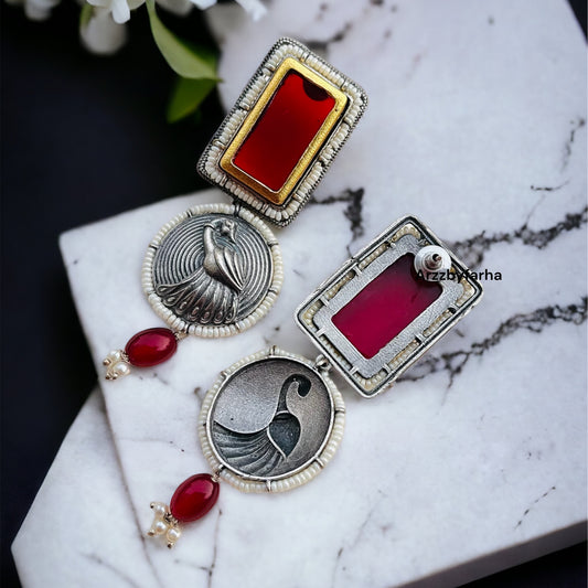 Red Dual Tone Peacock Earrings