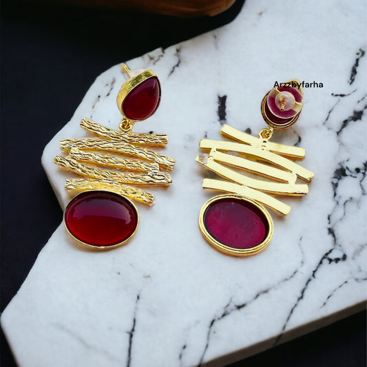 Maroon Stone Gold Brass Earring