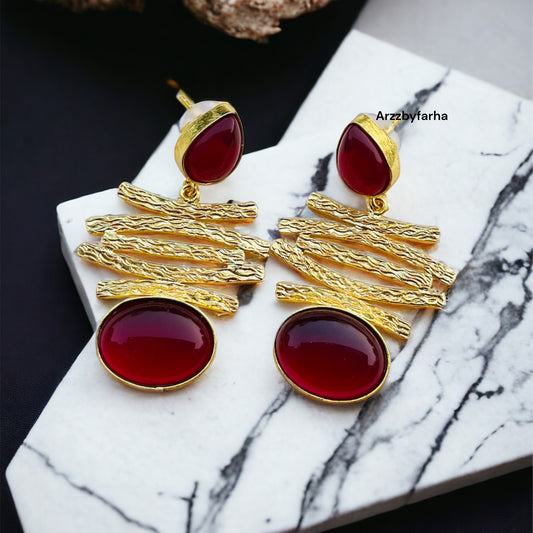 Maroon Stone Gold Brass Earring