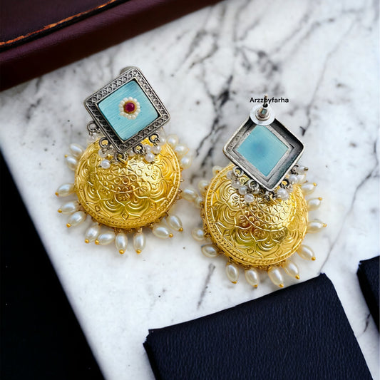 Gold Brass Blue Jhumki Earring