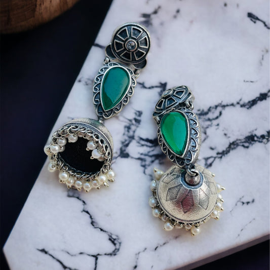 Green Stone Drop Jhumka Earring