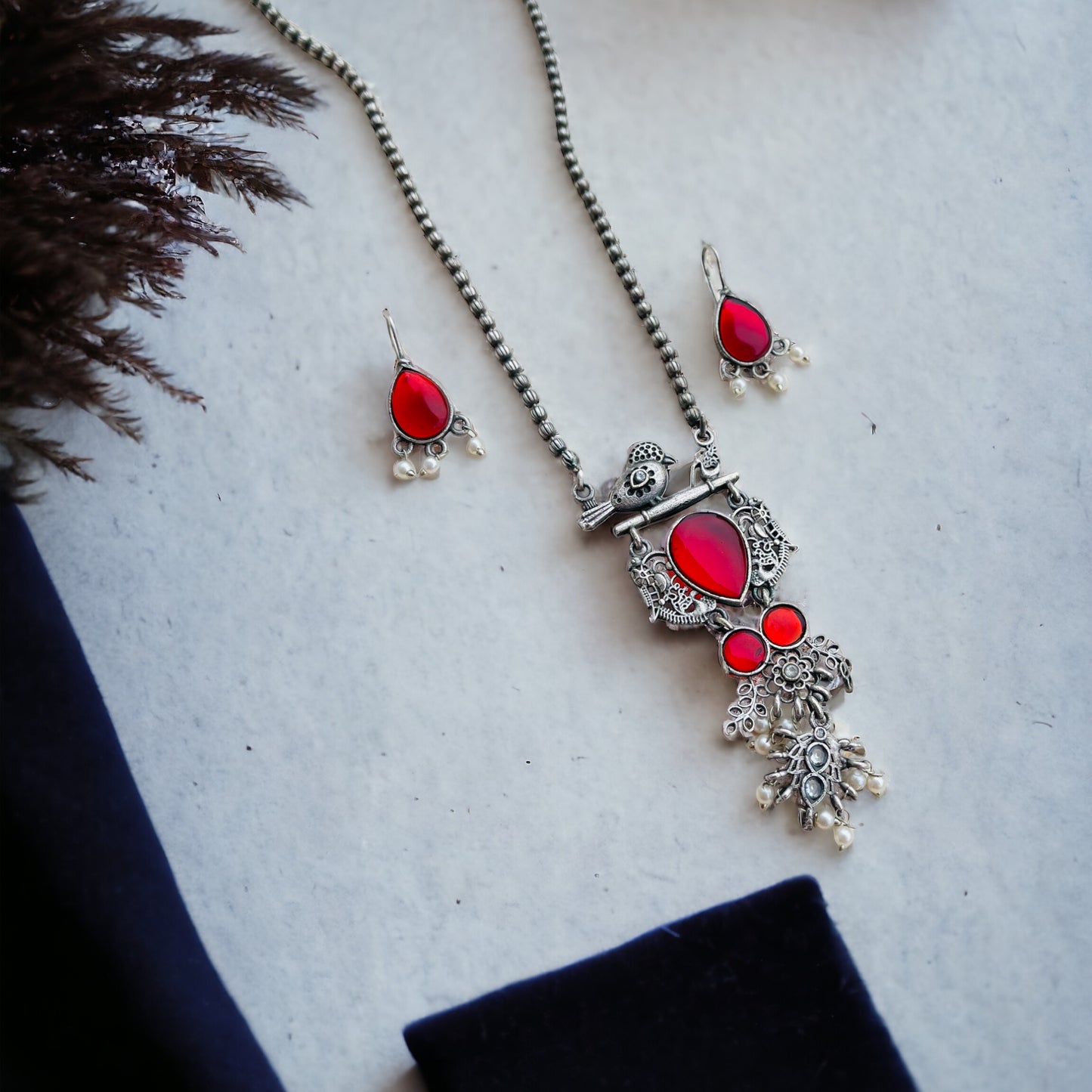 Red Silver Necklace Set