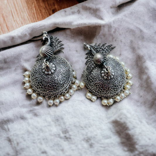 Silver Peacock Jhumki Earrings