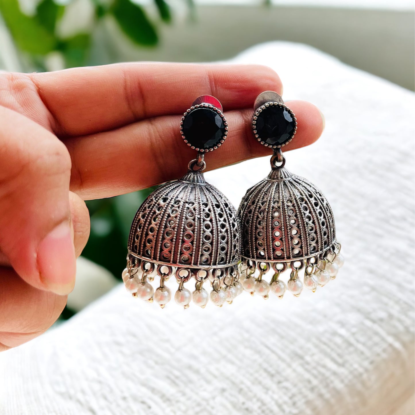 Black Stone Jhumki Earrings