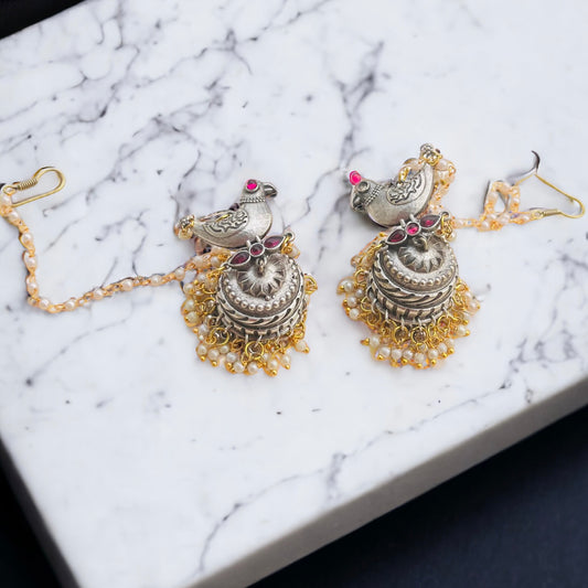 Peacock Jhumka with Ear Chain Earrings