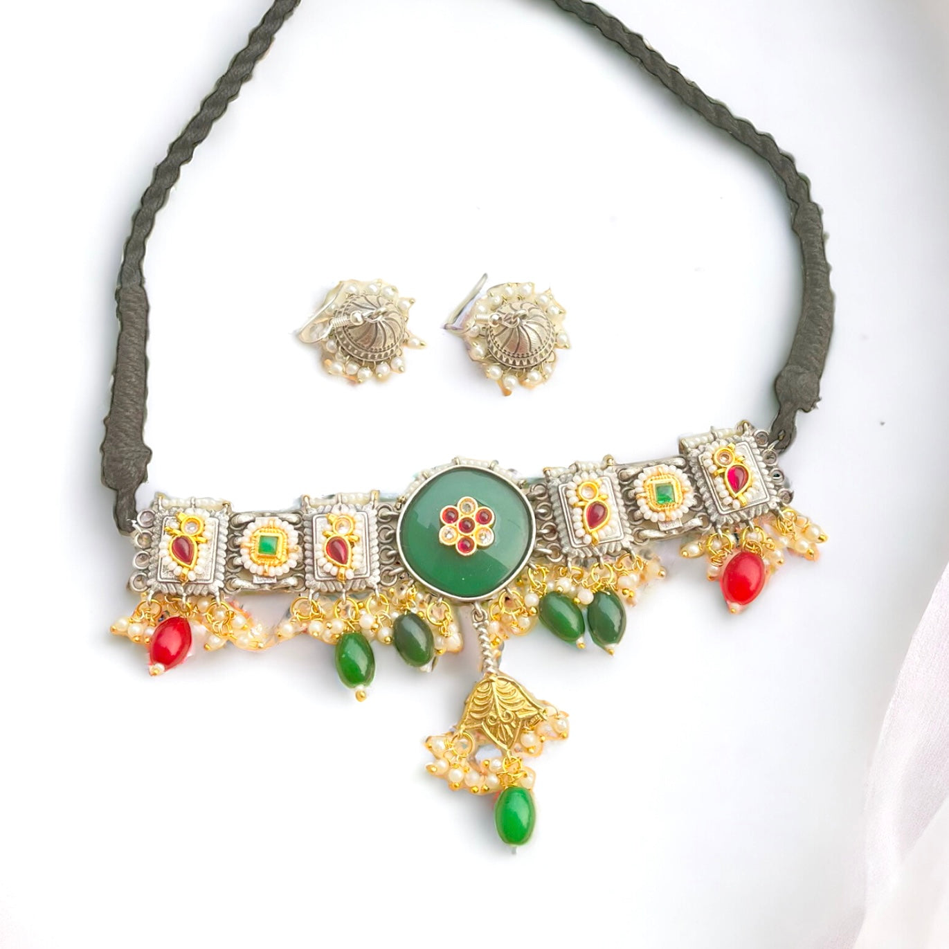 Green & Red Drop Necklace Set