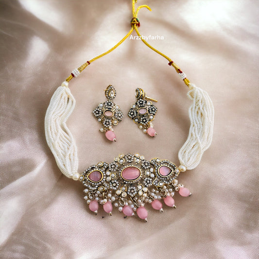 Victorian Pink Beaded Necklace Set