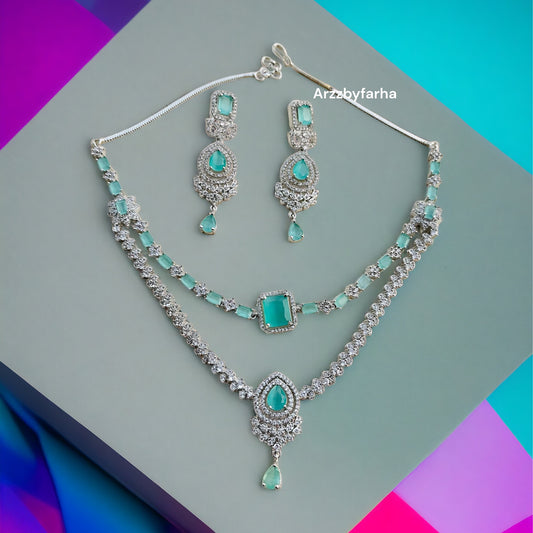 Double Layered Sea Green Necklace Set