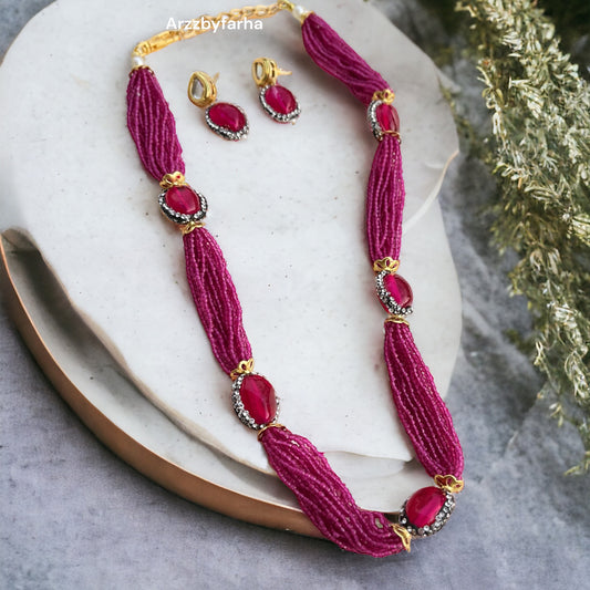Dark Onion Pink Beads Necklace Set