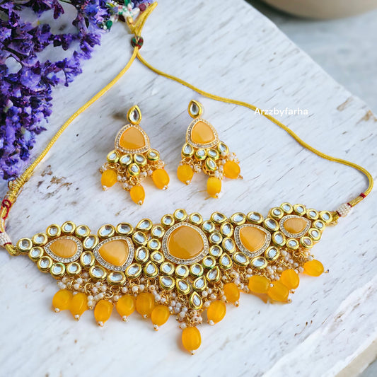 Yellow Beads Kundan Necklace Set