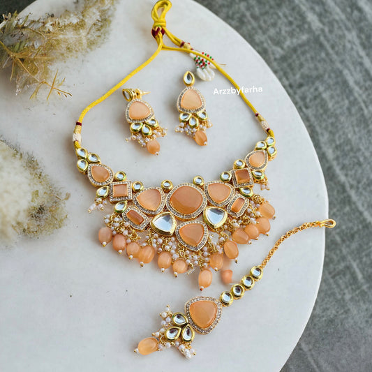 Peach Beads Kundan Necklace Set