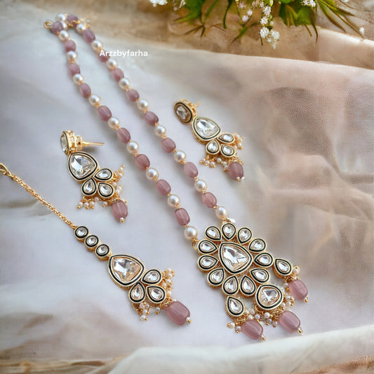 Onion Pink Beads Kundan Necklace Set