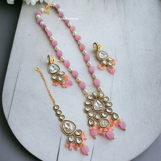Pink Beads Kundan Necklace Set