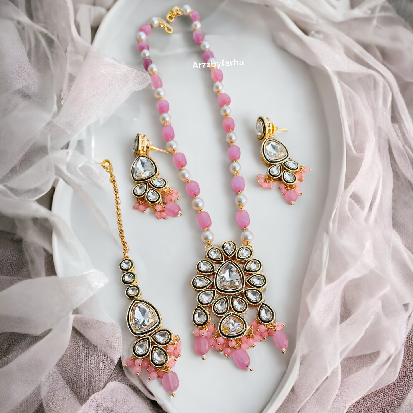 Pink Beads Kundan Necklace Set