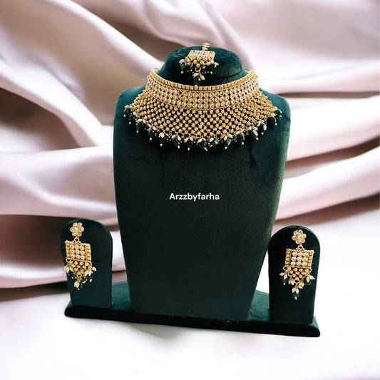 Green Beads Gold Necklace Set