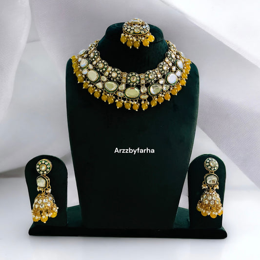 Yellow Beads Kundan Necklace Set