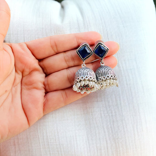 Small Silver Blue Jhumki Earrings