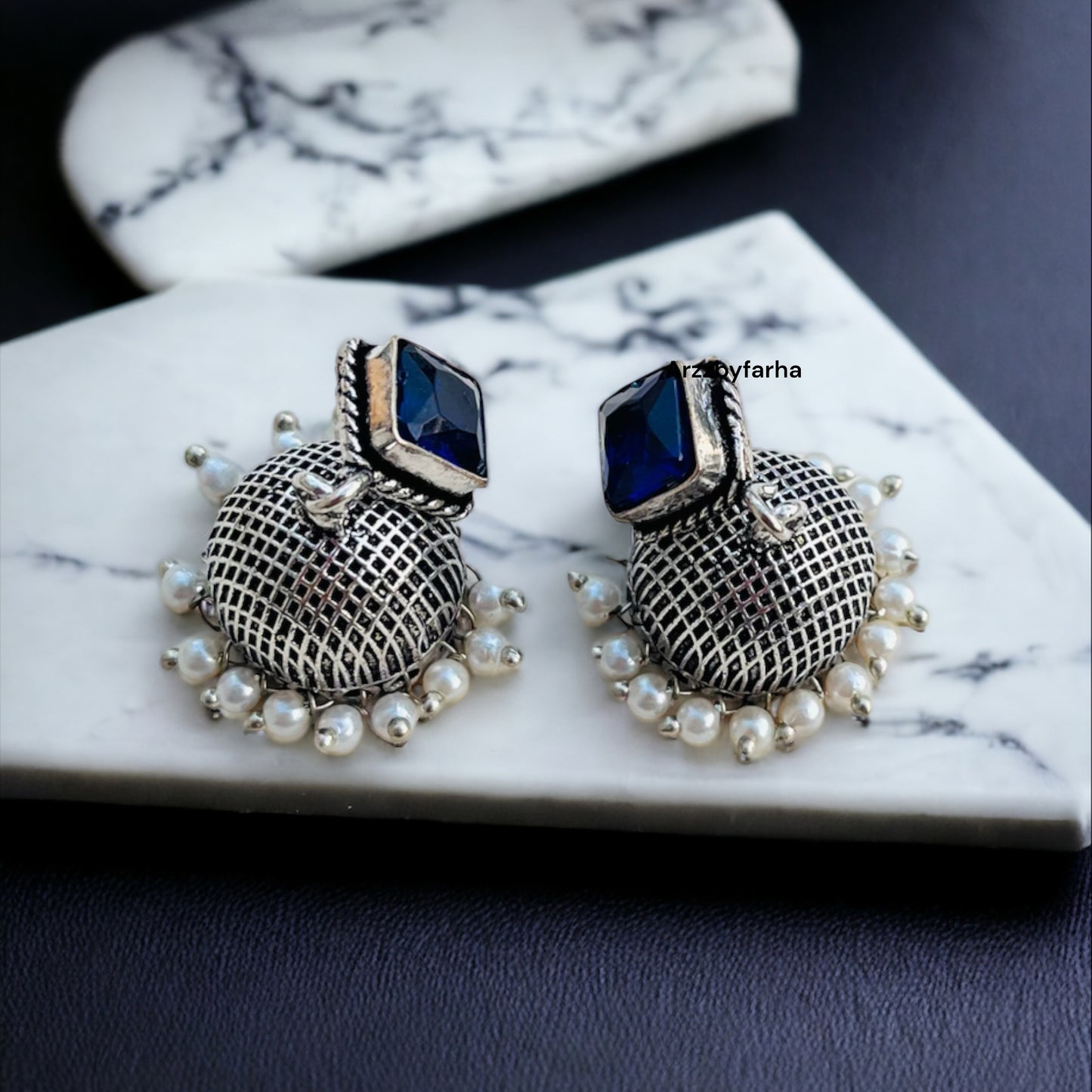 Small Silver Blue Jhumki Earrings