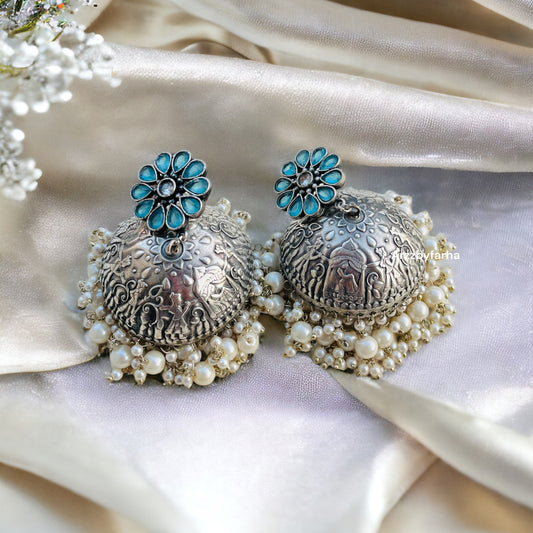 Silver Brass Blue Jhumki Earrings