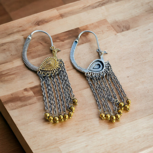 Dual Tone Bird Hanging Earrings
