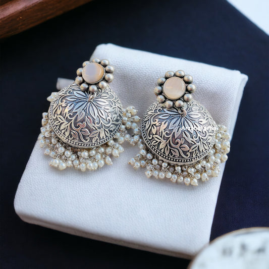 Silver Brass Peach Jhumka Earrings
