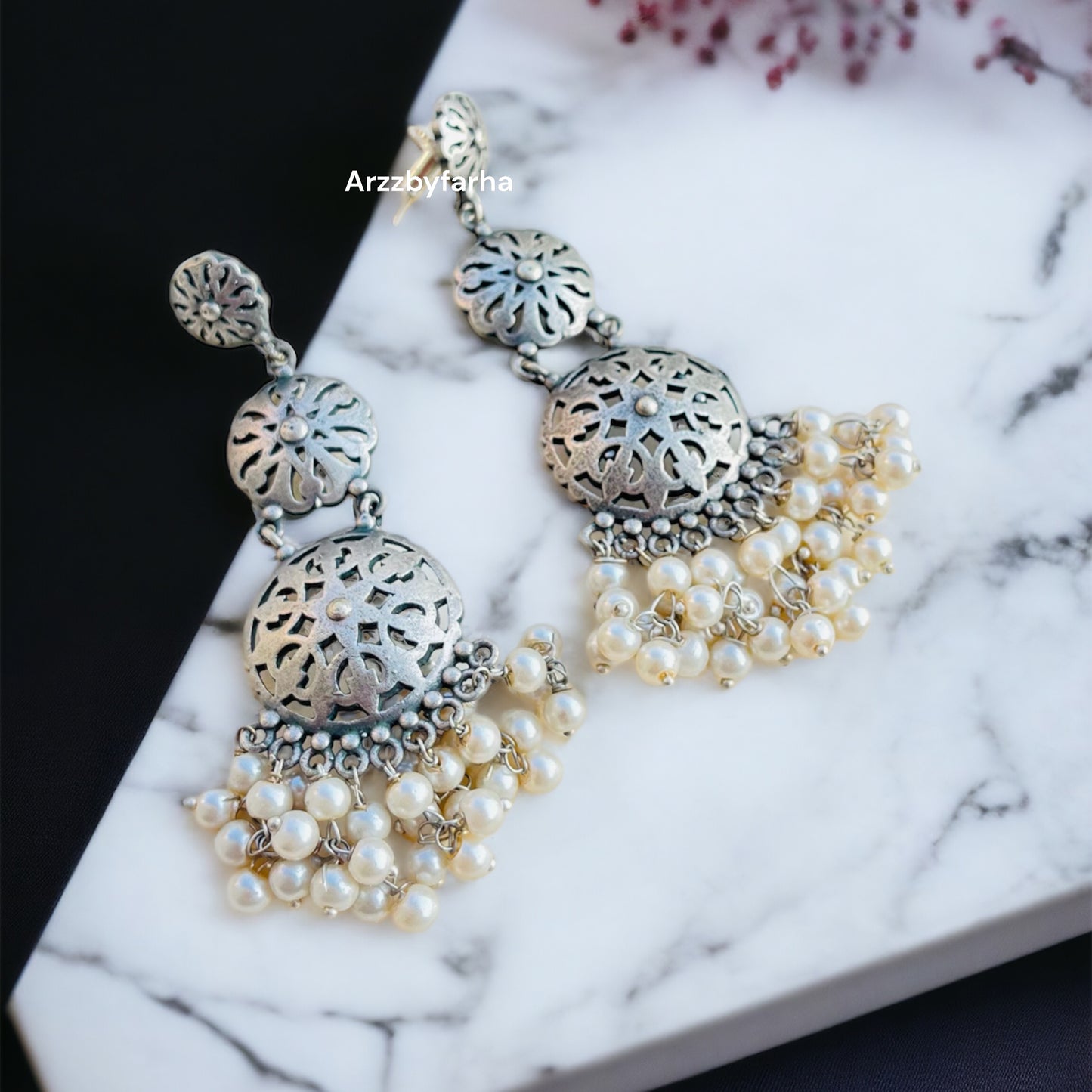 Silver Oxidised Pearl Drop Earrings