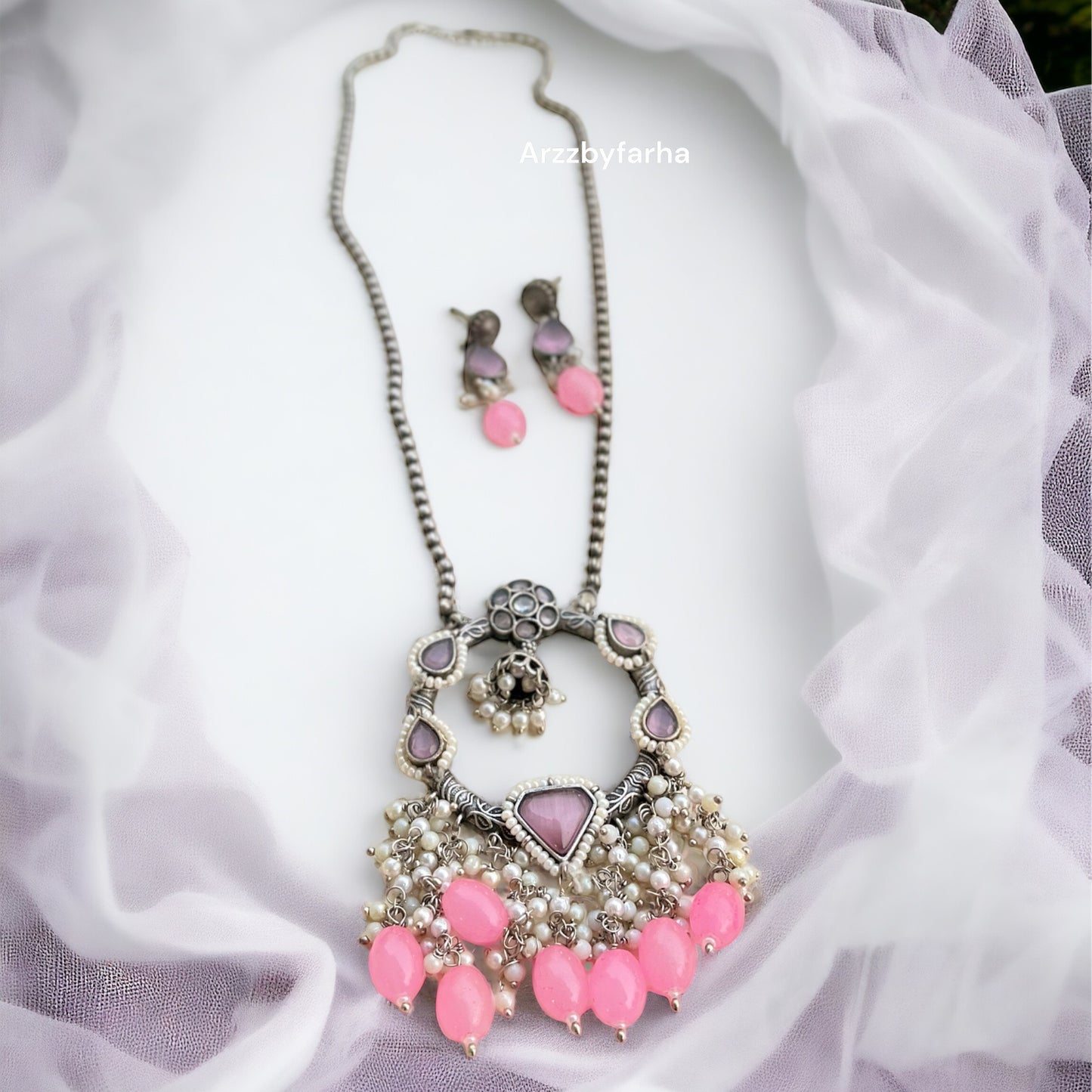 Pink Stone & Beads Necklace Set