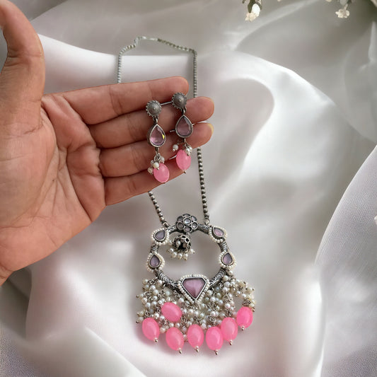 Pink Stone & Beads Necklace Set