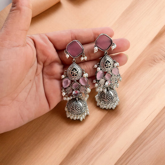 Pink Stone Drop Jhumka Earring