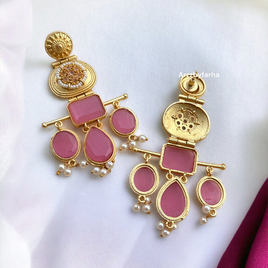 Designer Gold Brass Pink Earring