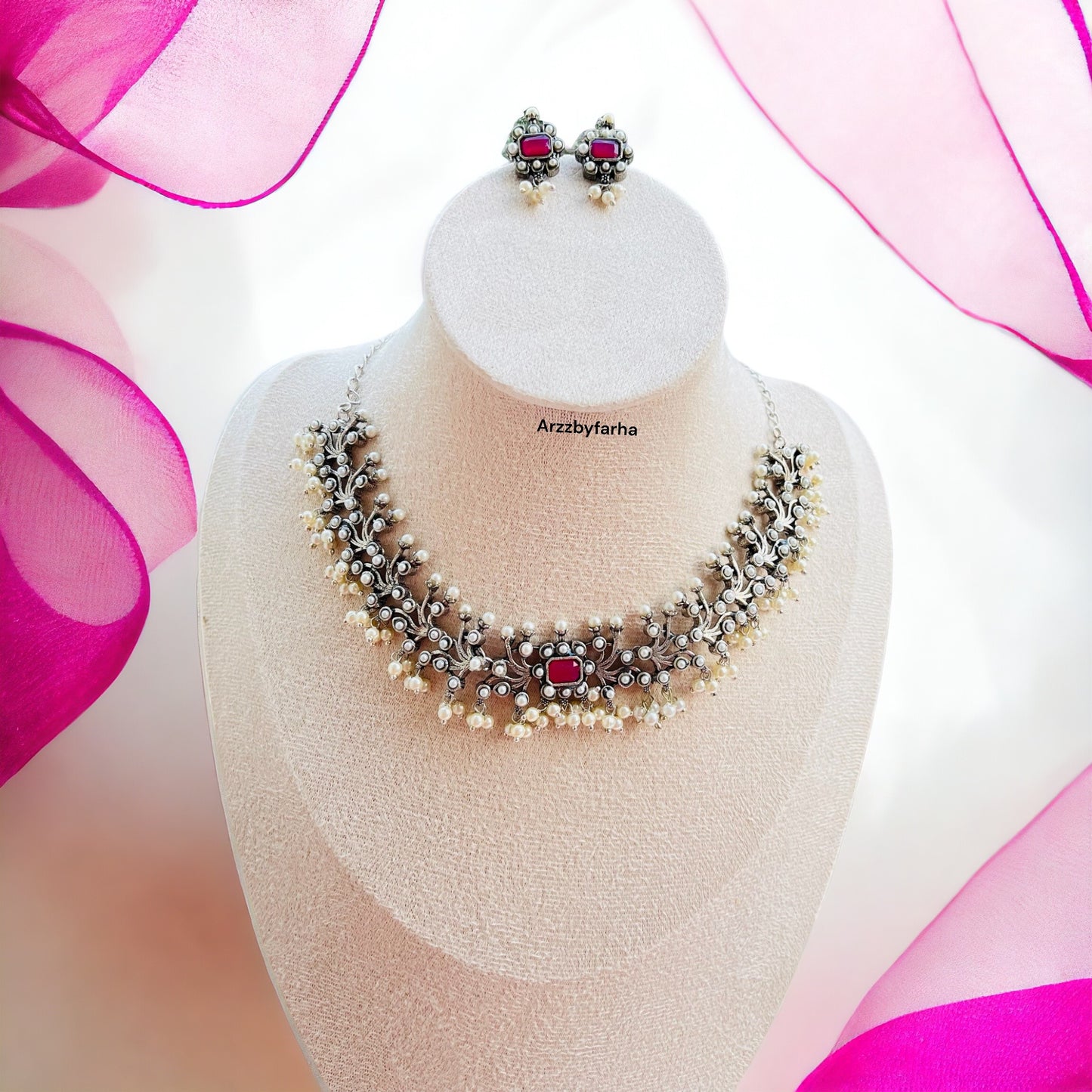 Ruby Pink Stone Leaf Necklace Set