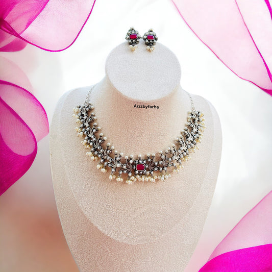 Ruby Pink Stone Leaf Necklace Set