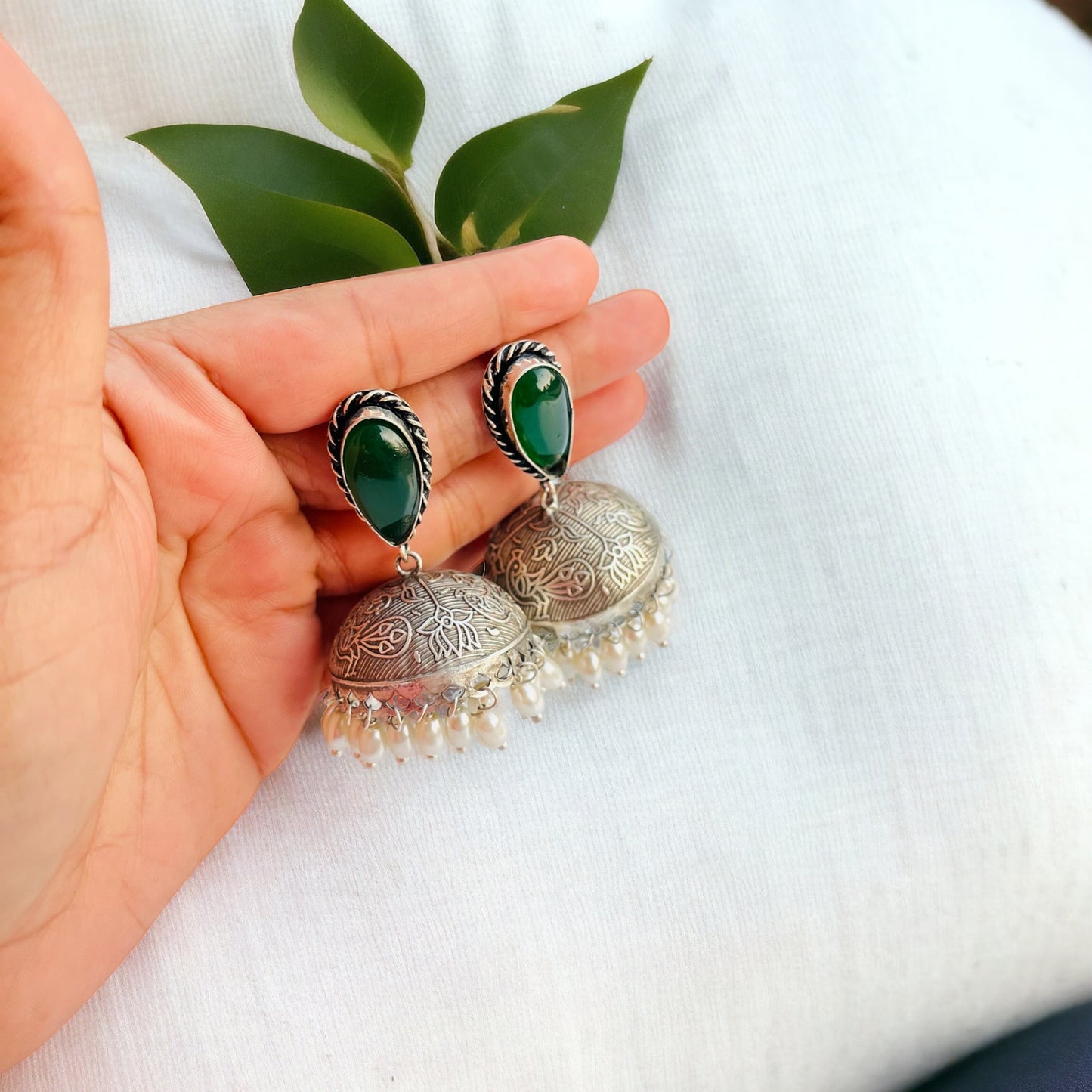 Green Pearl Jhumka Earrings