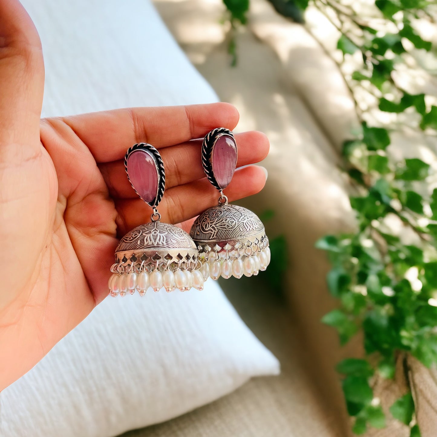 Pink Pearl Jhumka Earrings