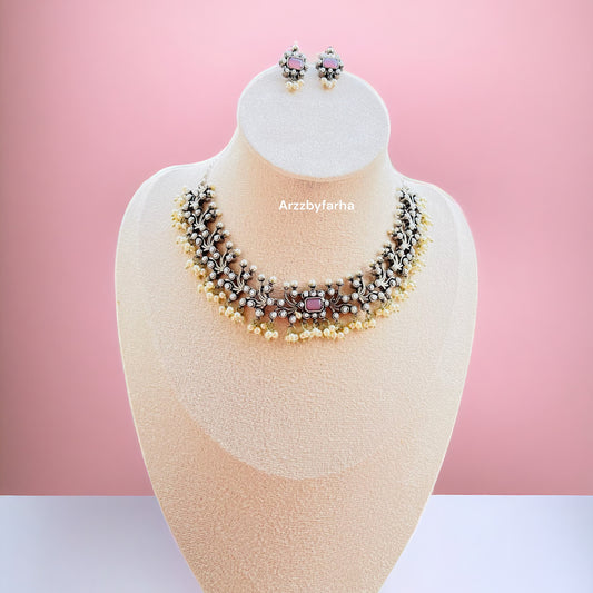 Pink Stone Leaf Necklace Set