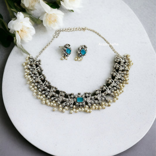 Blue Stone Leaf Necklace Set