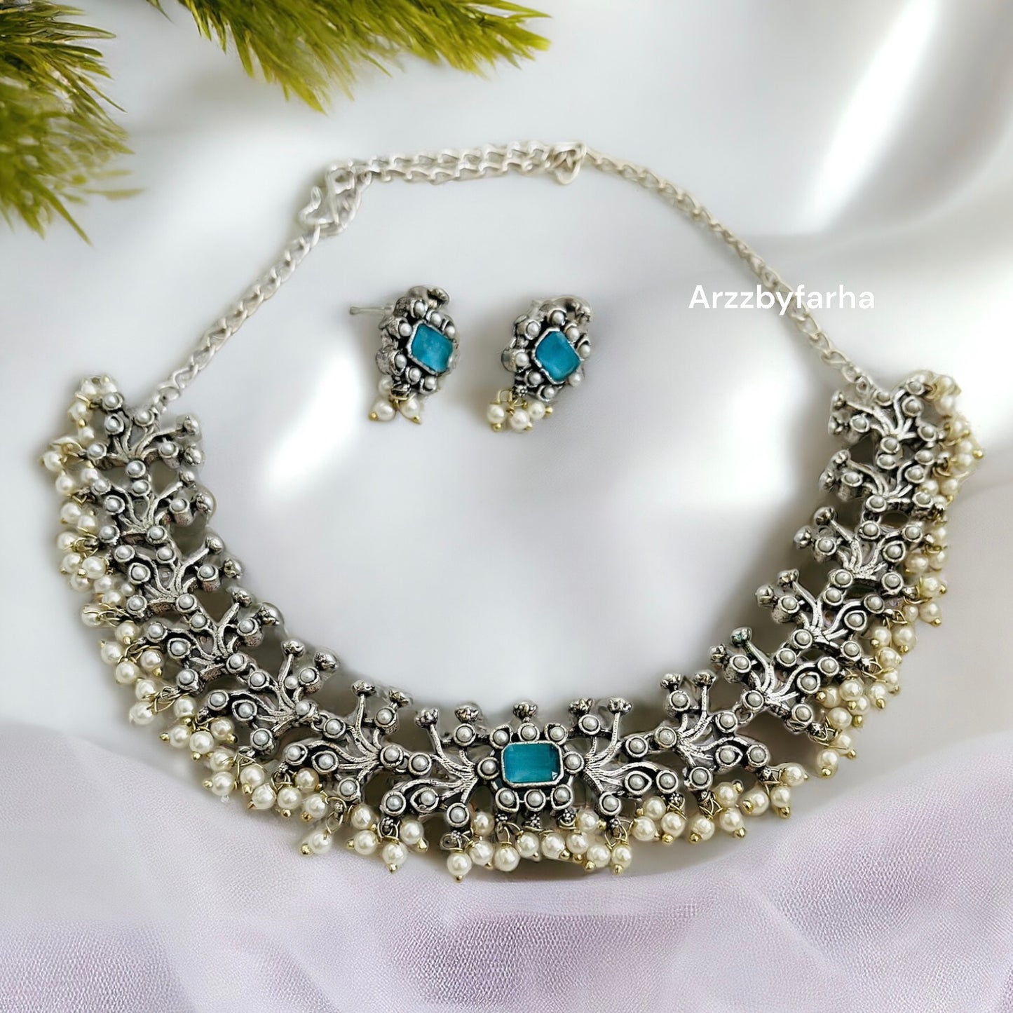 Blue Stone Leaf Necklace Set